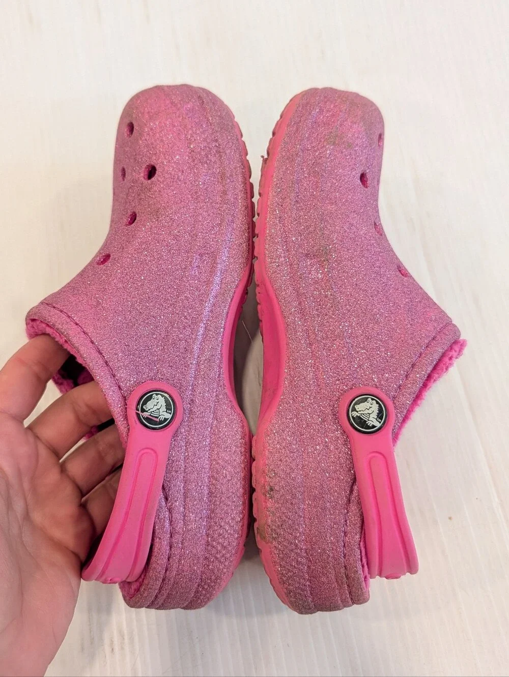 CROCS Girls Pink Glitter Fleece-Lined Clogs Size 3